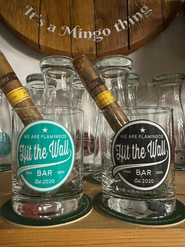 Jennilynne's tweet photo. @WilliamShatner When I don't want to give my real last name. I say my name is Jenni Crane. And these are my and my husband's bar glasses. My whole family has matching flamingo tattoos.  🦩 https://t.co/hKluD8KSOv