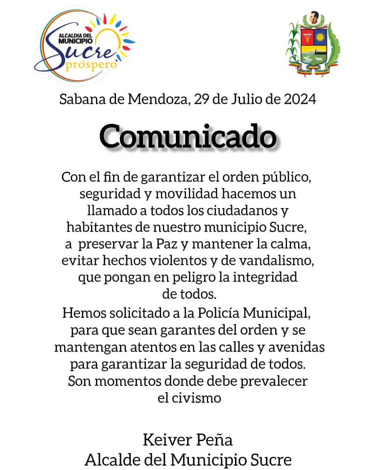 Hacemos un llamado a la calma y condenamos todo acto que intente gener violencia o vandalismo en el municipio Sucre.