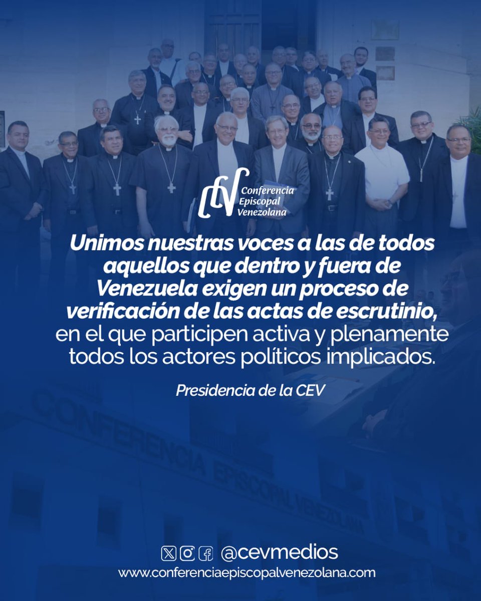 ArquiCaracas's tweet photo. Los Obispos de Venezuela se pronuncian ante la situación tras las elecciones presidenciales.

Este 28 de julio se ha caracterizado por la masiva, activa y cívica participación de todos los venezolanos en el proceso electoral. De esta manera hemos ratificado nuestra vocación democrática.

Como pastores del Pueblo de Dios, seguimos con atención el desarrollo de los últimos acontecimientos y queremos expresar a todos nuestra cercanía y disposición de acompañamiento pastoral en estos momentos de inquietud. 

Mantengámonos firmes en la esperanza. Nuestras posiciones y justos reclamos debemos realizarlos con las actitudes pacíficas, de respeto y tolerancia, que han reinado hasta ahora.

Unimos nuestras voces a las de todos aquellos que dentro y fuera de Venezuela exigen un proceso de verificación de las actas de escrutinio, en el que participen activa y plenamente todos los actores políticos implicados.

Presidencia de la Conferencia Episcopal Venezolana.