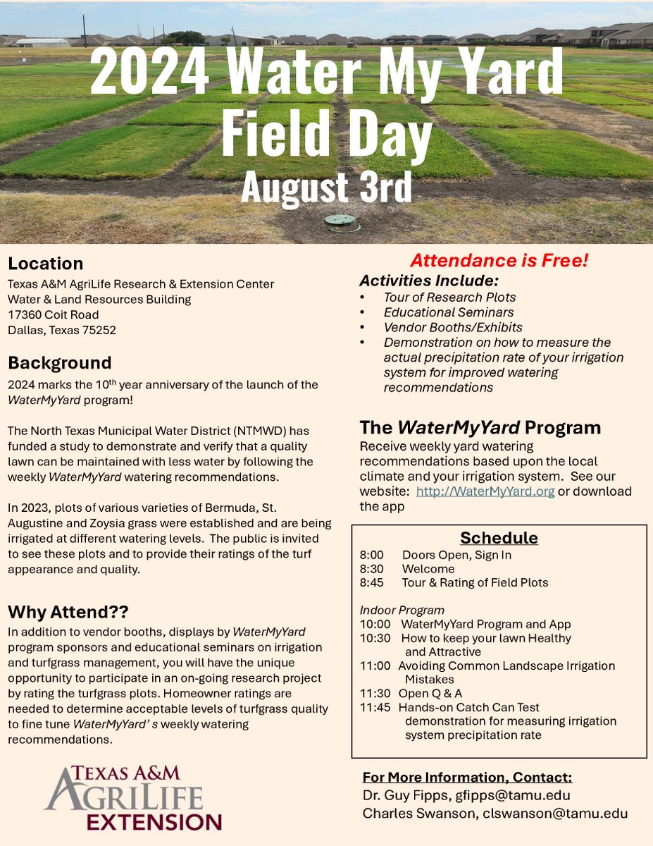 UTRWD's tweet photo. Want to be part of a research project to make turfgrass in North Texas better? Join us this Saturday, Aug 3, at the Agrilife Center in Dallas for the 'Water My Yard' Field Day! Play with cool gadgets during the free event and learn from irrigation experts! #WaterLessYall https://t.co/3who4fxFNH
