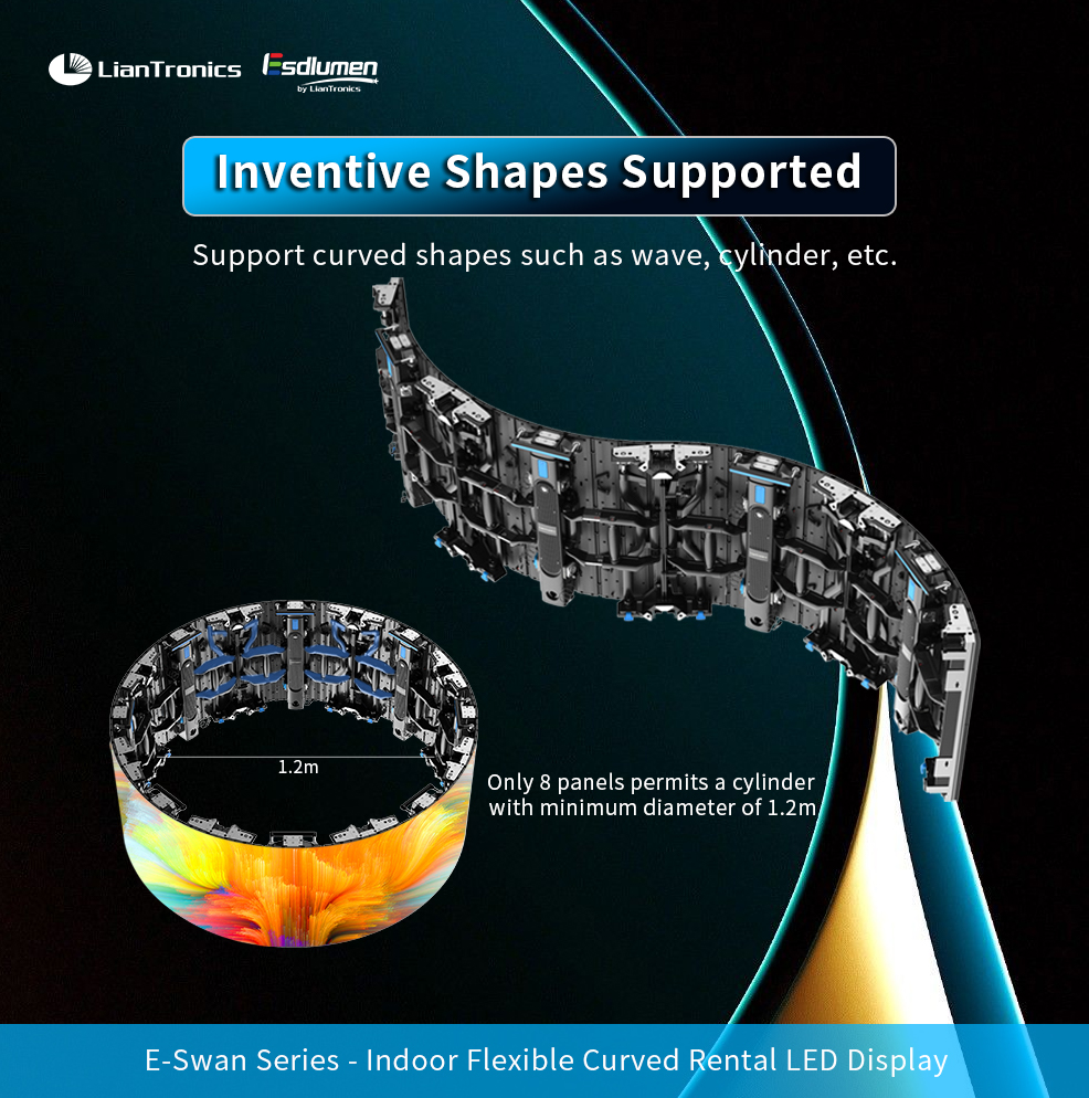 szliantronics's tweet image. 🔥Introducing the Revolutionary E-Swan Series LED Display!
Part2/3 Inventive Splicing Satisfies Your Versatile Needs 
🌊Inventive Shapes Supported 
🔧Mixed Splicing 
🚀 Endless Possibilities Await
#LianTronics #Esdlumen #rentalleddisplay #audiovisual