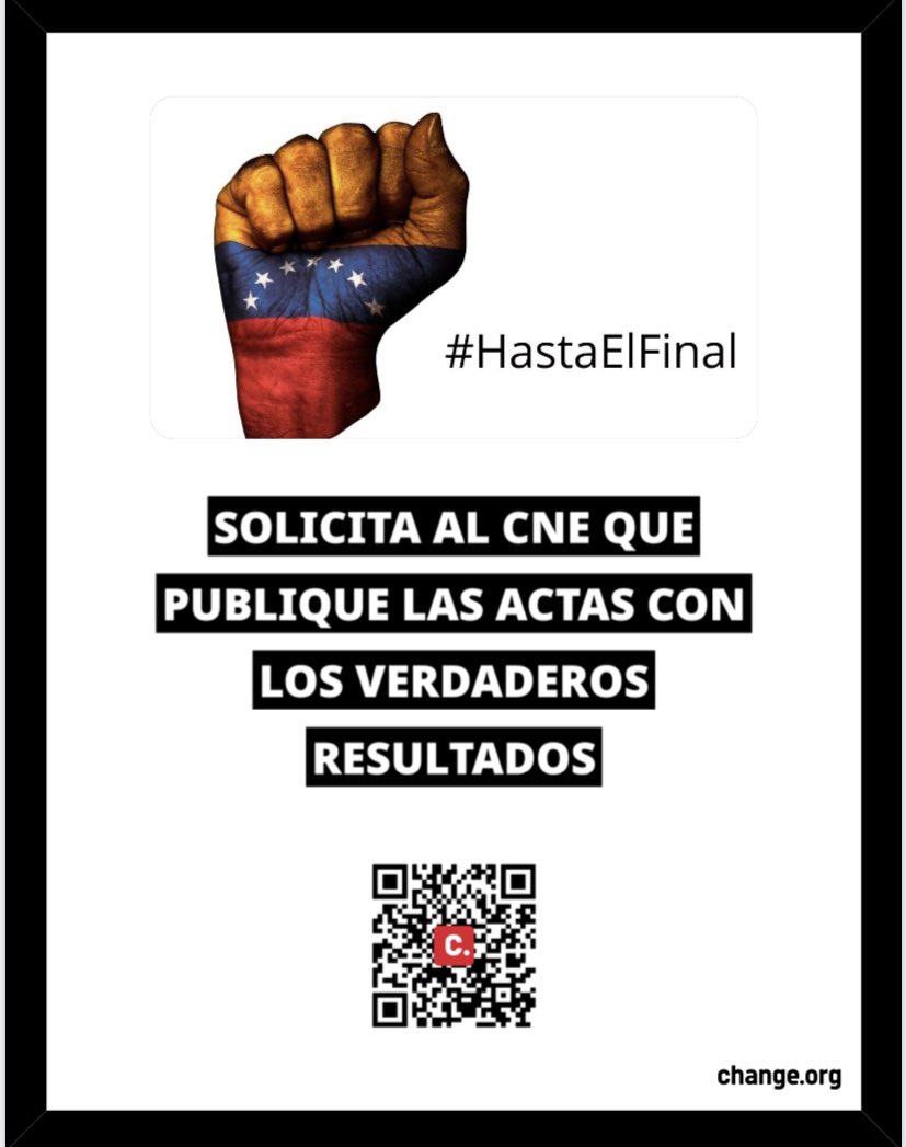 CultDemocratica's tweet photo. 🇻🇪Solicita al CNE que publique las actas con los verdaderos resultados 
✍️https://t.co/RpO94yEms4
 Los ciudadanos venezolanos, representantes de organizaciones de la sociedad civil internacional, periodistas y políticos de países democráticos aquí firmantes, no reconocemos los resultados emitidos por el CNE hasta que no publiquen las actas de escrutinio y los verdaderos resultados del proceso electoral celebrado el 28 de julio en Venezuela. 

El resultado publicado no es creíble y no se corresponde a la tendencia del 40% de las actas publicadas y los datos cargados en la página del CNE hasta la caída del sistema.

Además, denunciamos que no se cumplió con el Art.337 de la Ley Orgánica de Procesos Electorales de Venezuela en el cual se establece que cada testigo debe recibir un ejemplar impreso del acta de escrutinio de la mesa correspondiente, cuando hubo gran parte de los testigos de la oposición que fueron amenazados y expulsados de los centros de votación para que no pudieran obtener el acta de escrutinio

Aprovechamos a compartir la denuncia de Transparencia Electoral sobre las injusticias del proceso electoral que estuvo marcado por las inhabilitaciones ilegales (entre ellas la de María Corina Machado), la intervención judicial a partidos políticos, y las más de 100 detenciones arbitrarias en el marco de las elecciones, que se suman a los más de 269 presos políticos denunciados por el Foro Penal.  

Recordemos que por la crisis en Venezuela 7.774.494 personas se han visto forzados a emigrar desde 2014, según el Alto Comisionado de las Naciones Unidas para los Refugiados (ACNUR) y la Organización Internacional para las Migraciones (OIM), de los cuales 5 millones han tenido obstáculos para participar en el voto desde el exterior.

La transparencia en los procesos electorales es fundamental para la solidez y el progreso de cualquier democracia. Por lo tanto, es fundamental que los resultados electorales se reflejen de manera precisa y auténtica. Los ciudadanos venezolanos tienen derecho a saber la verdad sobre quién está al mando de su país y deben poder confiar en que las elecciones son justas y libres. 

Instamos al Consejo Nacional Electoral de Venezuela que publique las actas con los verdaderos resultados e invitamos a Nicolás Maduro a reconocer el verdadero resultado de las elecciones según lo han reclamado varios de los gobiernos de la región. 

Por favor, firma la petición y ayúdanos a tener una Venezuela transitable y transparente.