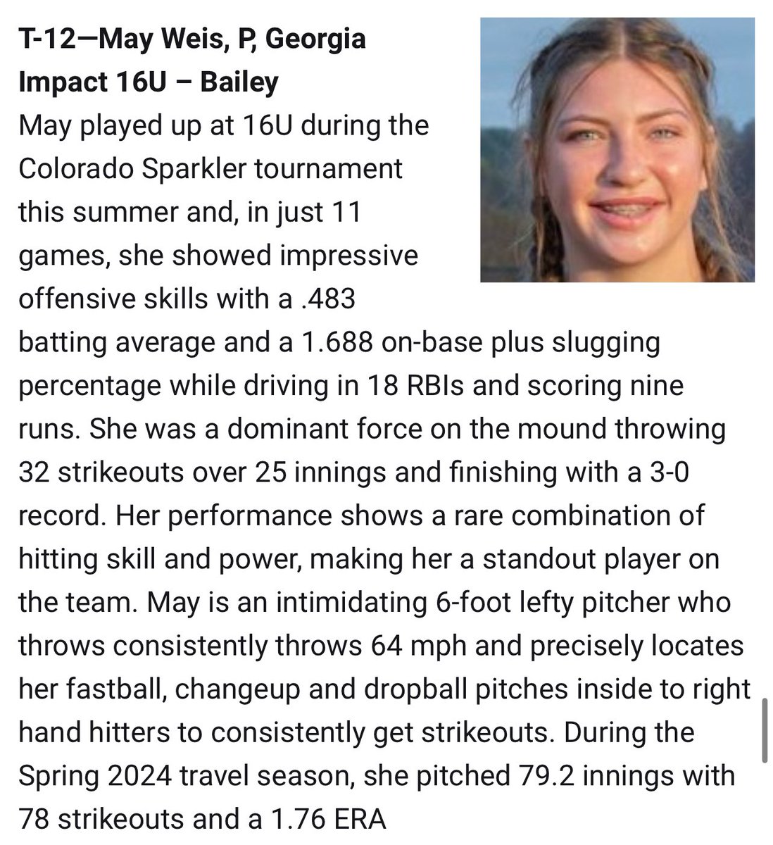 MayWeis2027's tweet image. Thank you @LineDsoftball for recognizing me as the #12 ranked player in the country for the 2027 class! @ricsfastpitch @RICSAthletics