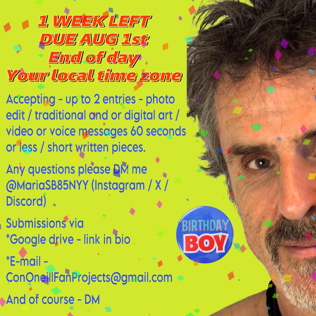 MariaSB85NYY's tweet photo. **EXTENDED DUE DATE **
2024 CON O’NEILL BIRTHDAY PROJECT
💜
So far the project is less than 3 minutes… amazing submissions so far.. one made me emotional…
I’m extending the due date to 8/2/24 11:30pm EST- NY time
💜
Any questions on submissions please let me know https://t.co/T4TuR23wfa