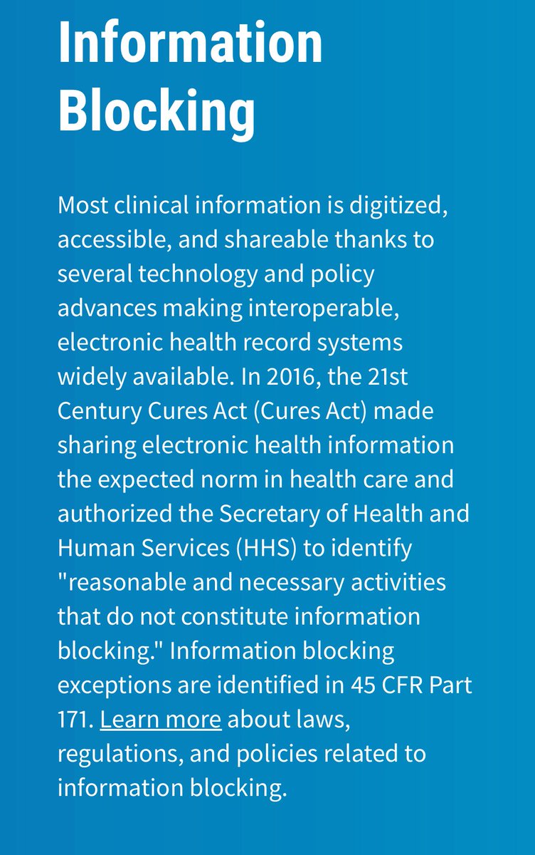 MarilynHeineMD's tweet photo. @AmerMedicalAssn 8/ The rule also proposes to add to the #informationblocking “exceptions” to address additional scenarios that have been identified by physicians and other information blocking actors. 

https://t.co/ENr1W4RFfa https://t.co/I1fYH5i871