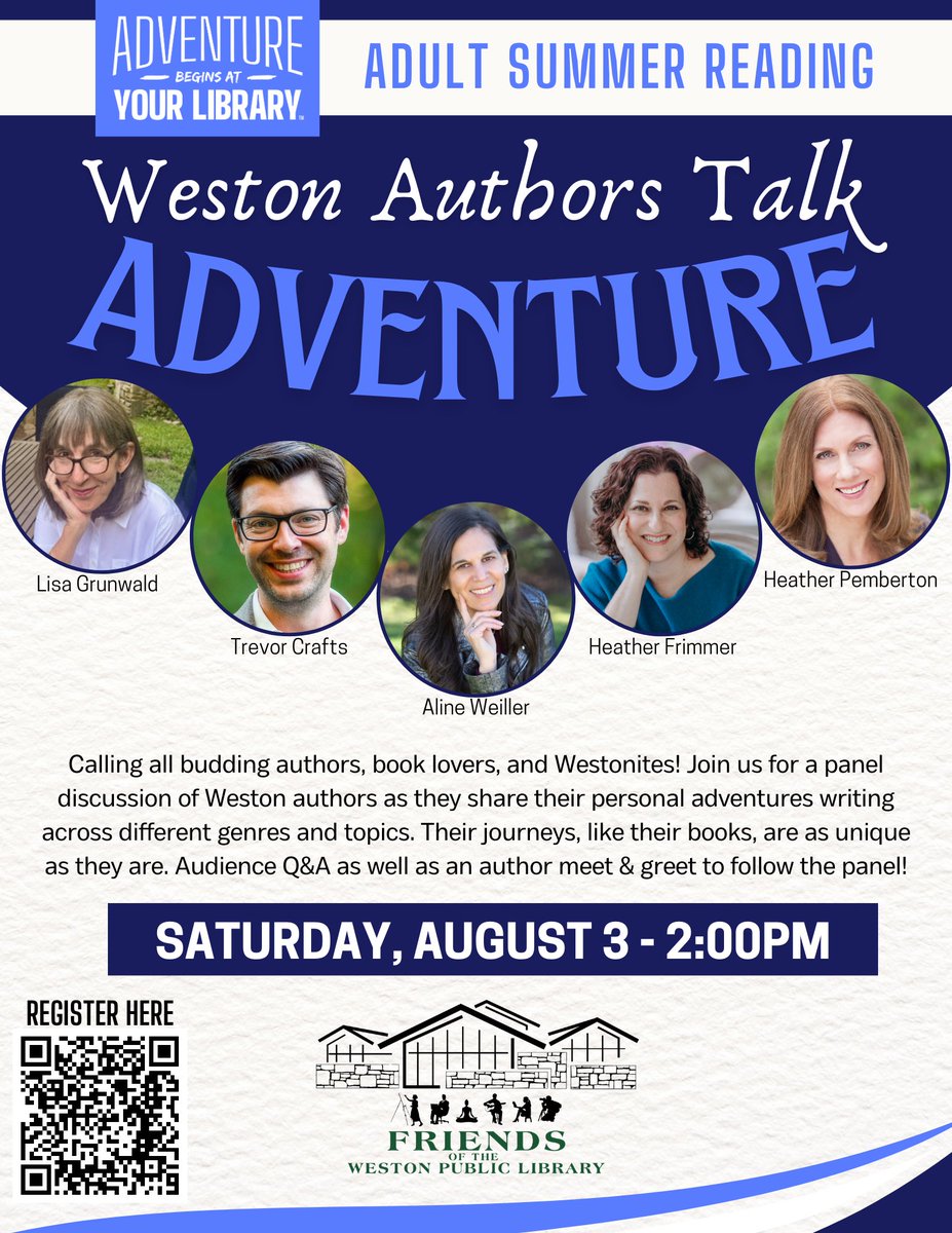 THIS SATURDAY @ 2 pm! Weston Library (CT) presents a panel of local authors to talk about their genres and publishing journeys. Followed by a Meet &amp; Greet. Perfect for book groups and aspiring writers; free; registration encouraged. @WestonPublicLib #westonct #localauthors #read