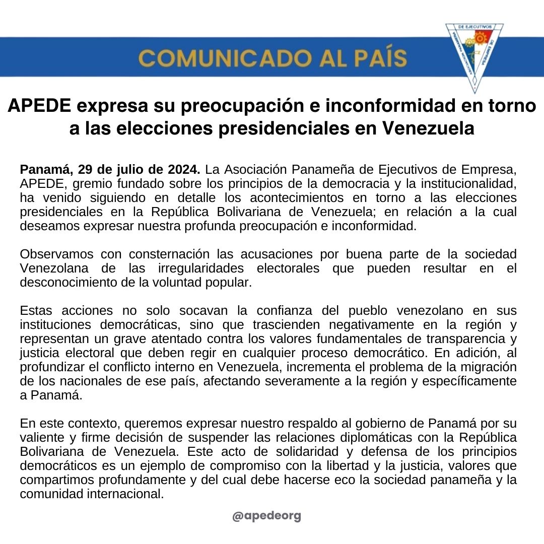 #ComunicadoAlPaís. APEDE expresa su preocupación e inconformidad en torno a las elecciones presidenciales en Venezuela.

#APEDE
#ElOrgulloDePertenecer
