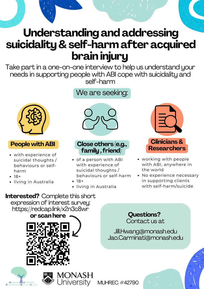 Jao Carminati (@jaocarminati) on Twitter photo Seeking people with ABI, close others, clinicians & researchers. Help us understand your needs in supporting people with ABI cope with suicidality & self-harm.
Express your interest in a 1:1 interview 👇
redcap.link/rah9e2kz
Please share!
<a href="/Jai_Carmichael_/">🦋 @jaicarmichael.bsky.social</a> @Jill_HA_Hwang Seeking people with ABI, close others, clinicians & researchers. Help us understand your needs in supporting people with ABI cope with suicidality & self-harm.
Express your interest in a 1:1 interview 👇
redcap.link/rah9e2kz
Please share!
<a href="/Jai_Carmichael_/">🦋 @jaicarmichael.bsky.social</a> @Jill_HA_Hwang