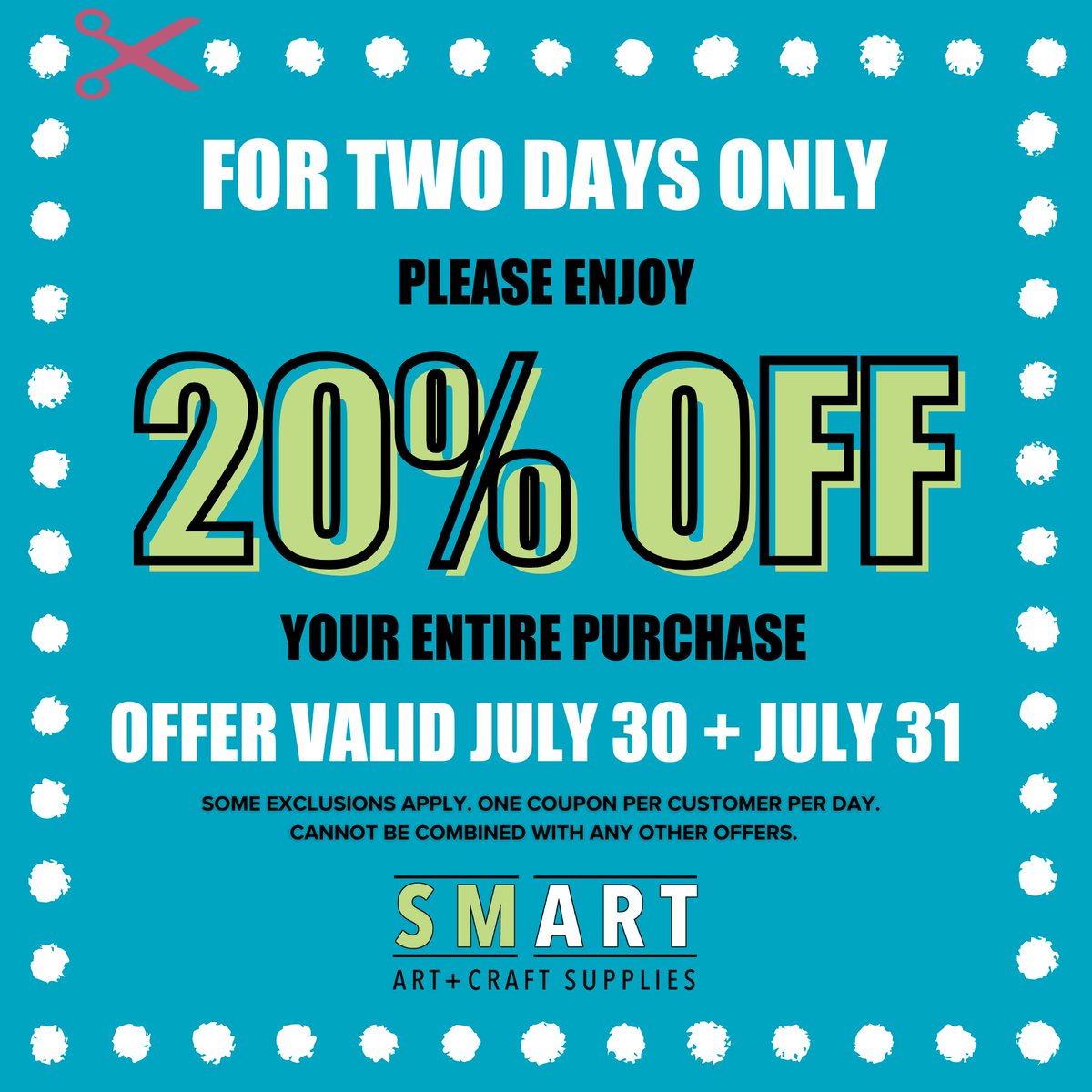 We are close to hitting a sales goal and we NEED to you to come shop before the end of the month! Take 20% off the entire store for TWO DAYS ONLY! Shop TOMORROW July 30 and WEDNESDAY July 31 and show this coupon for 20% off.