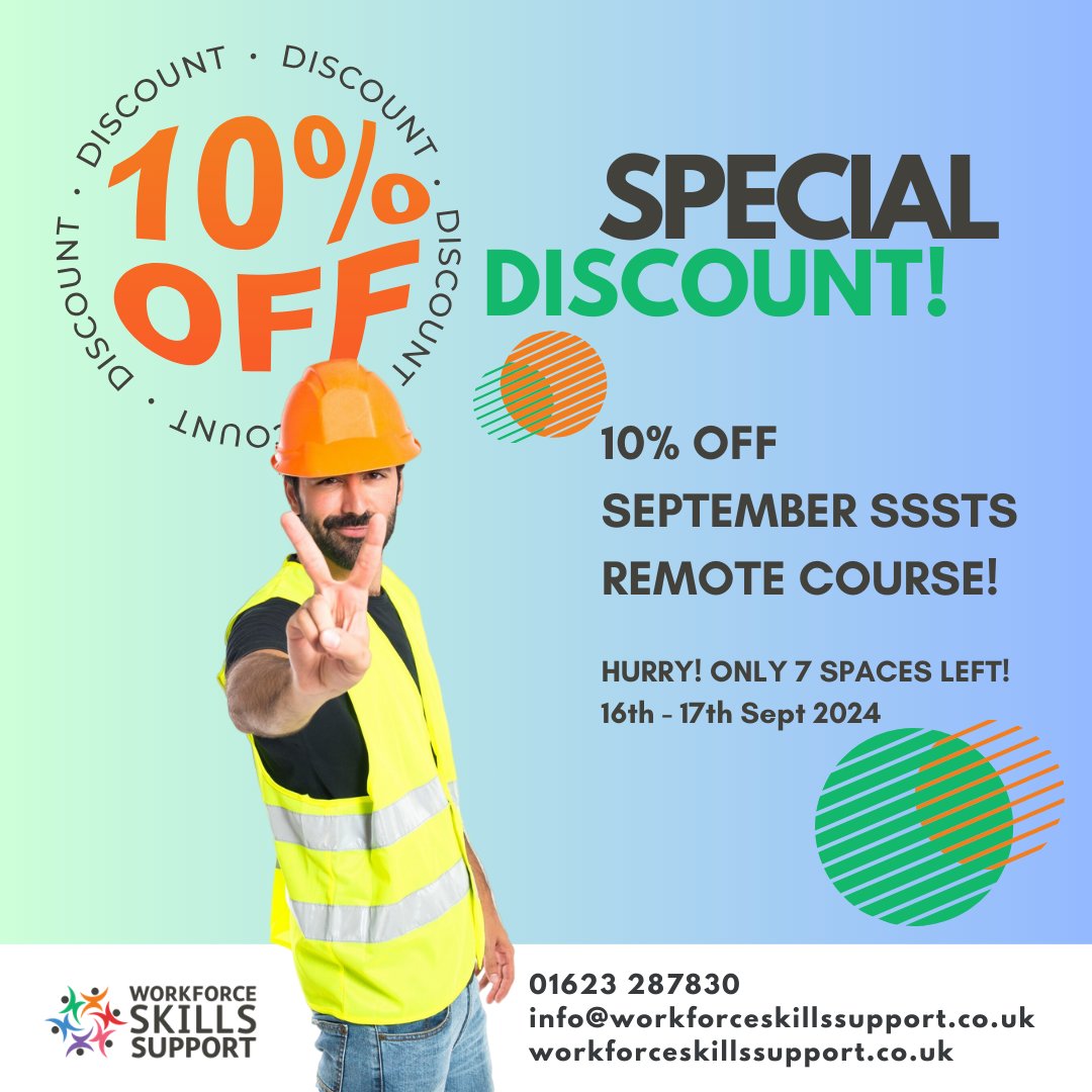 constructionwss's tweet image. 🚨 10% OFF OUR SSSTS REMOTE COURSE! 🚨

🗓️ When: 16 - 17 September
⚠️ Only 7 spaces left! Hurry and secure your spot now!

Book today!

01623 287830
info@workforceskillssupport.co.uk
workforceskillssupport.co.uk/events/site-su…

#SSSTS #RemoteCourse #LimitedOffer #ConstructionTraining #SaveNow