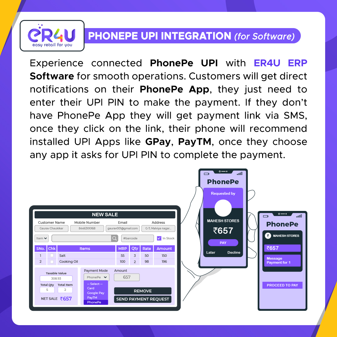ER4Udotin's tweet photo. Say goodbye to payment hassles! Enjoy seamless transactions with PhonePe UPI and ER4U ERP. Get instant notifications, multiple payment options, and lightning-fast processing. #ER4U #ERP #DigitalPayments #ERPIntegration https://t.co/9VAg3tjTs8