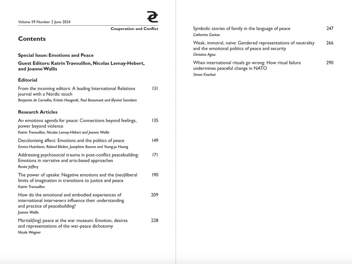 Cooperation and Conflict (@coco_journal) on Twitter photo This year's 2nd issue of CoCo is now out!🎉💃
It features the <a href="/nupinytt/">NUPI</a> team's first editorial article, as well as a fabulous SI on #emotions and #peace, guest edited by <a href="/JoanneEWallis/">Joanne Wallis</a> @KTravouillon and <a href="/lemayhebert/">Nicolas Lemay-Hebert</a> 👇👇👇
journals.sagepub.com/toc/CAC/current This year's 2nd issue of CoCo is now out!🎉💃
It features the <a href="/nupinytt/">NUPI</a> team's first editorial article, as well as a fabulous SI on #emotions and #peace, guest edited by <a href="/JoanneEWallis/">Joanne Wallis</a> @KTravouillon and <a href="/lemayhebert/">Nicolas Lemay-Hebert</a> 👇👇👇
journals.sagepub.com/toc/CAC/current