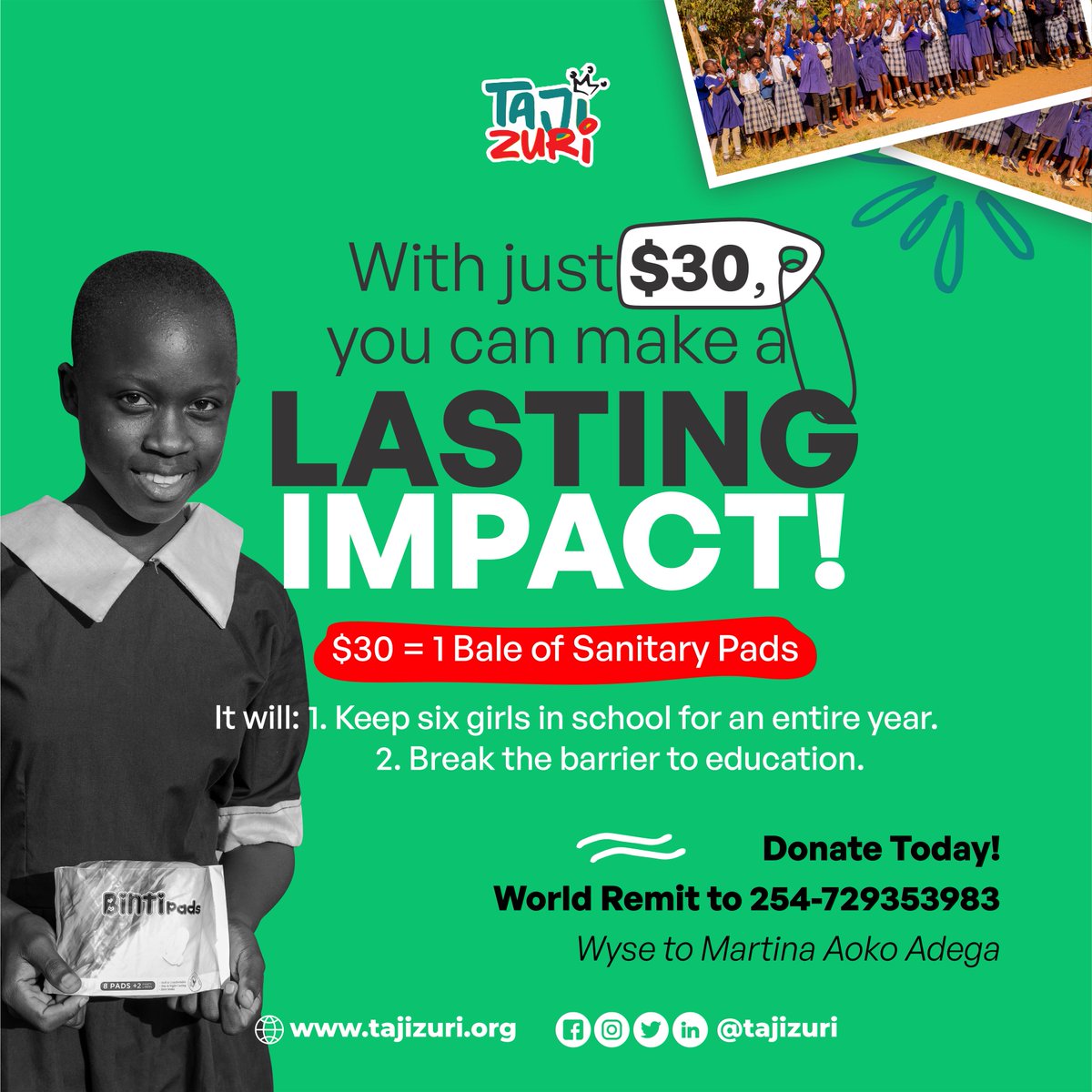 tajizuri's tweet photo. Join us in making a meaningful impact with just $30.
Your contribution will help keep six girls in school for the entire year by providing access to sanitary pads.
Let's break the barrier to education together!

#TajiZuri #EducationMatters #GirlsInSchool #MakeADifference https://t.co/hatJDtnTij