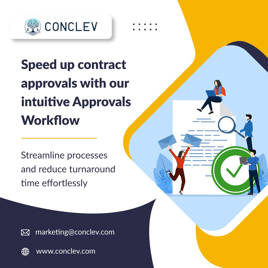 _conclev's tweet photo. ⏩ Speed up contract approvals with our intuitive approvals workflow! Streamline processes &amp; reduce turnaround time effortlessly. Say goodbye to delays and hello to efficiency

Visit : https://t.co/CBYmlehriA

#ContractManagement #WorkflowAutomation #Efficiency #BusinessSolutions https://t.co/8SDcGmayqr