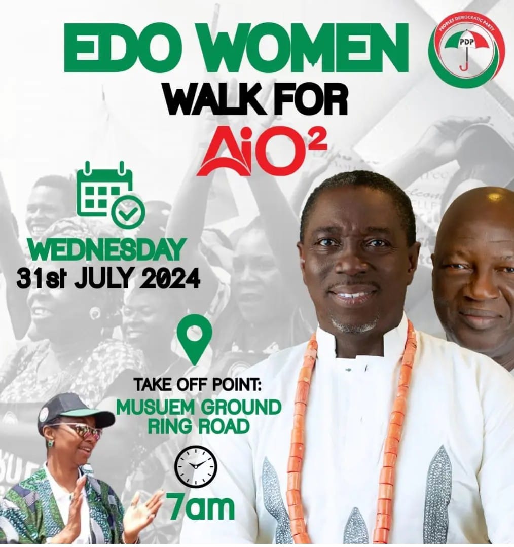 Princebube_Mbah's tweet photo. Join Edo women led by the incoming first lady, Mrs. Asuerinme Ebosetale Ifeyinwa Ighodalo, on a Walk for #AiO2
On Wednesday 31st July 2024, by 7am
Take Off: National Museum Ground. Ring Road, Benin City.
Women inclusion is Assured under Gov. Asue Ighodalo
#ThefutureisAi https://t.co/HA7an5ygOh