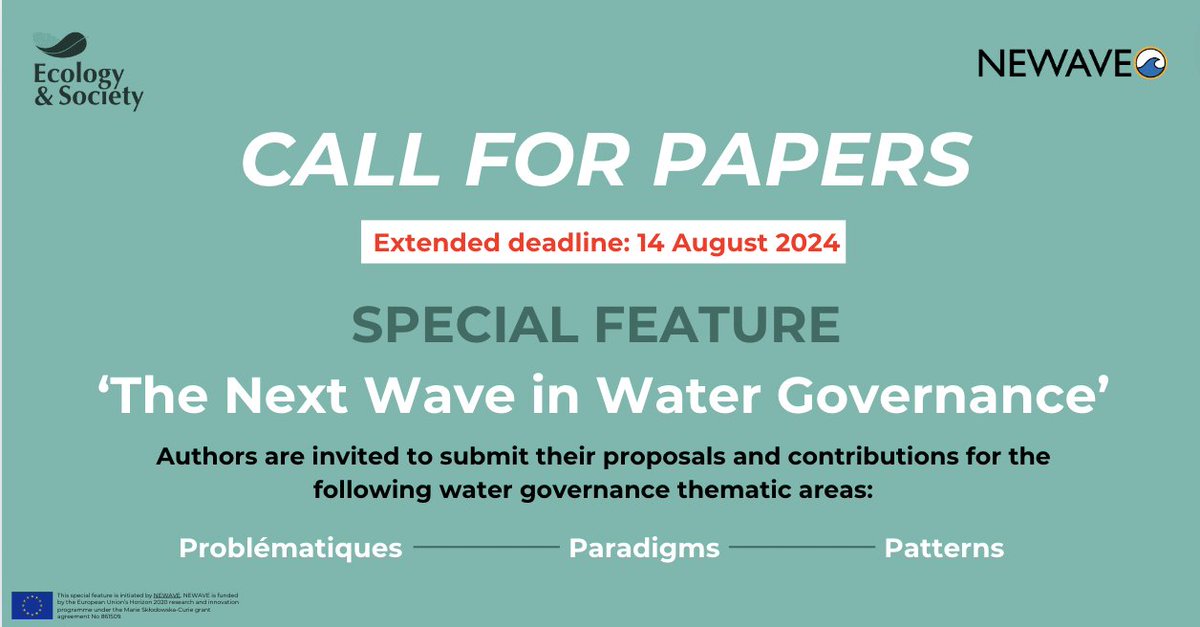 🚨 #DeadlineExtended #CallForPapers 

The special feature “The Next Wave in #WaterGovernance” at <a href="/EcologySociety1/">Ecology & Society</a>
is extended until 14 August.   

More information on our website 👉👉nextwatergovernance.net/events/call-fo…