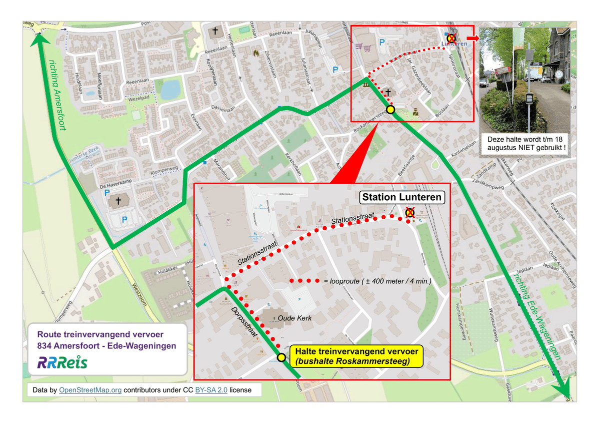 Vanaf dinsdag 30 juli vertrekt het treinvervangende vervoer in Lunteren vanaf een andere halte. De bus stopt niet meer voor het station maar bij de buurtbushalte ‘Roskammersteeg’ in de Dorpsstraat vlakbij de kerk. De halte ligt 400 meter vanaf het station (± 4 minuten lopen).