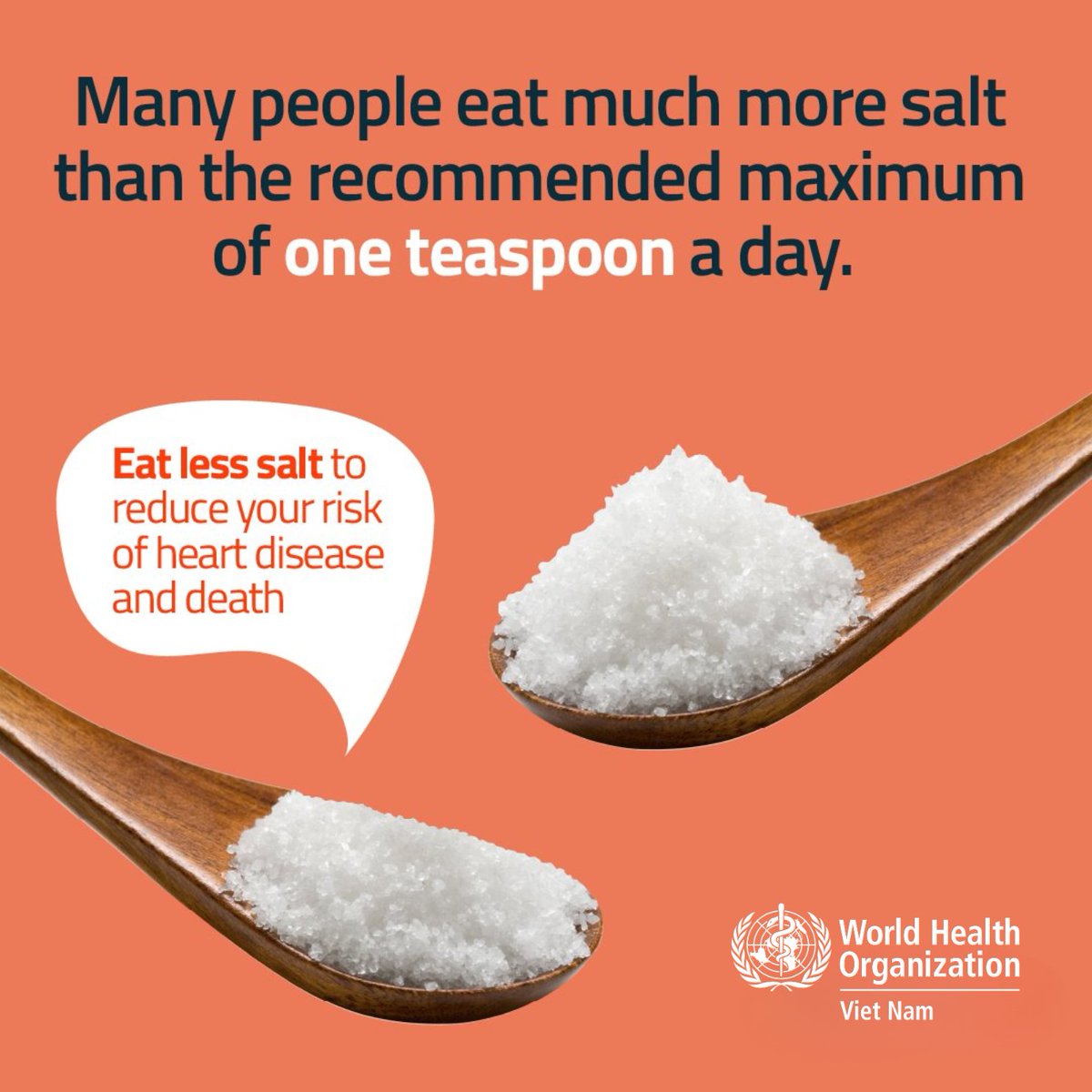 WHOVietnam's tweet photo. Consuming more than 1 teaspoon of salt daily can raise blood pressure, a major risk factor for heart disease and stroke.
In #VietNam 🇻🇳 lowering salt intake to the recommended maximum could prevent 200,000 deaths from stroke and cardiovascular diseases each year. #LessSalt https://t.co/ium8osVyM5