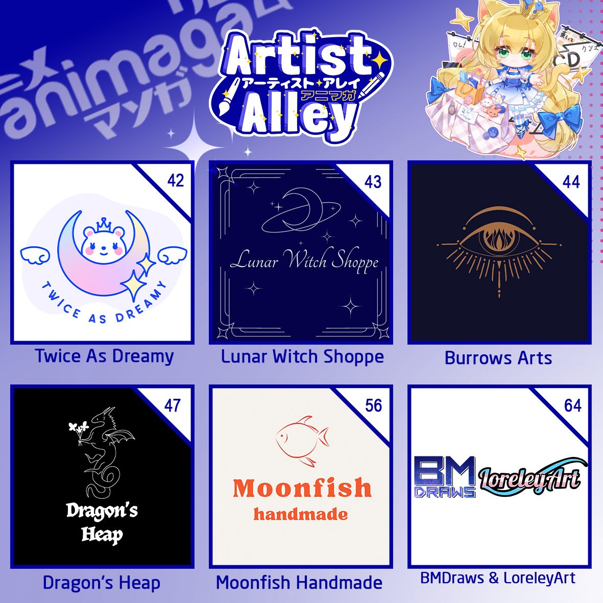 AnimagaExpo's tweet image. More amazing artists at Animaga 2024’s Artist Alley! 
Check out 
@twiceasdreamy , lunar witch shoppe, @burrowsarts , @dragonsheap , moonfish handmade,  @BM_Draws and @ArtLoreley . 
You’ll love their work!
Tickets are selling fast! Get yours today