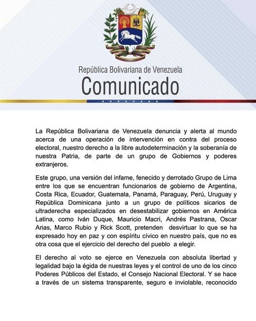 pcsocopo's tweet photo. #Comunicado || Venezuela denuncia y alerta al mundo acerca de una operación de intervención en contra del proceso electoral, nuestro derecho a la libre autodeterminación y la soberanía de nuestra Patria, de parte de un grupo de Gobiernos y poderes extranjeros. https://t.co/0hFSRJ4rhy
