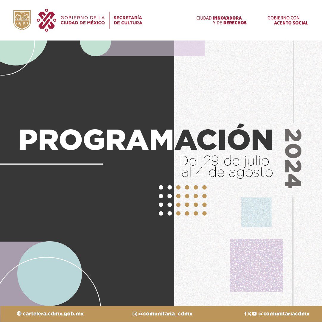 ComunitariaCdMx's tweet photo. La #CarteleraCulturalComunitaria, del 29 de julio al 4 de agosto, presenta una serie de actividades que incluyen la inauguración de una nueva sede de la #RedDeLibroClubes, ademas de la proyección de la película “Santo contra las momias”.

Secretaría de @CulturaCiudadMx https://t.co/k3GvNfjXaM