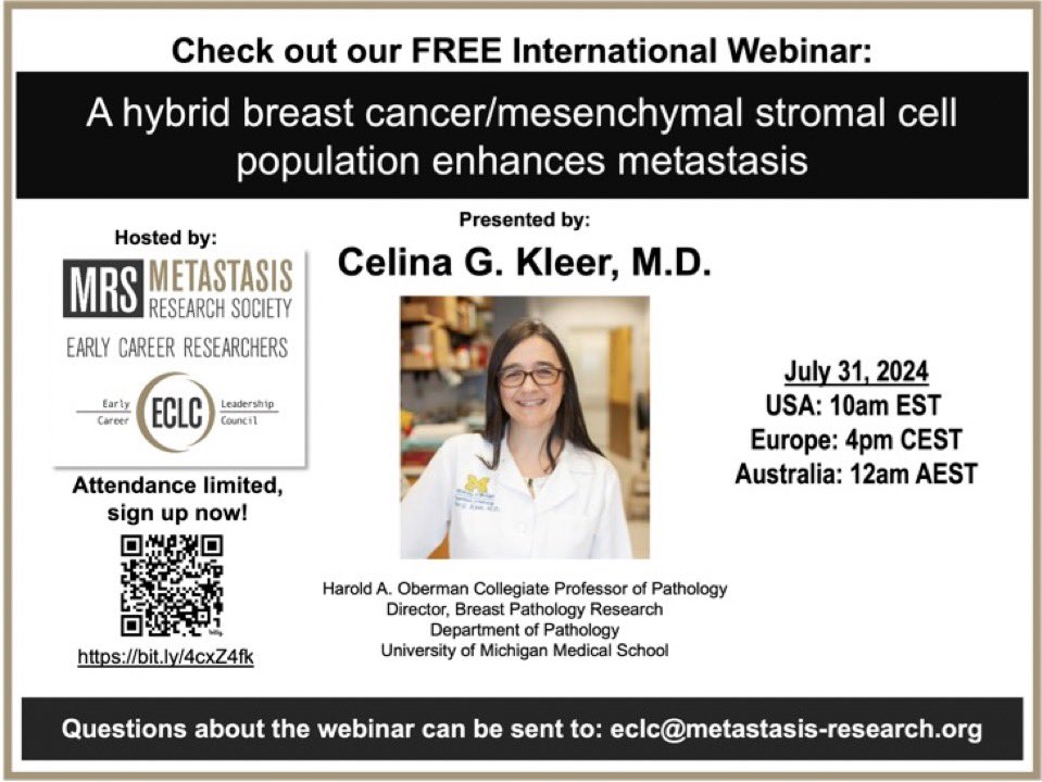 Still not too late to register for our free webinar this week to hear Dr. Celina G. Kleer discuss how "A hybrid breast cancer/mesenchymal stromal cell population enhances metastasis". Sign-up here 👉  bit.ly/4cxZ4fk