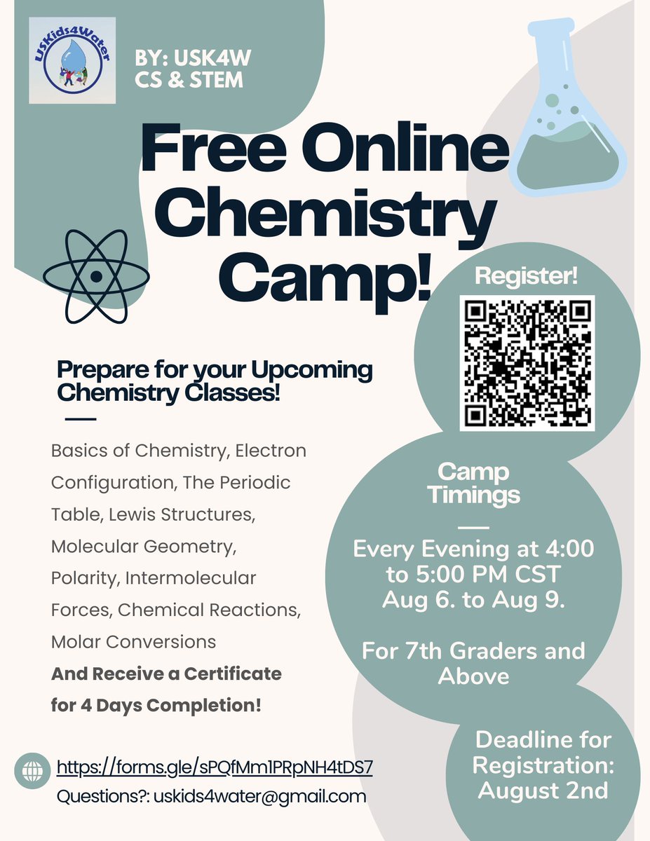 uskids4water's tweet photo. Join us for our upcoming Chemistry camp! Please register by August 2nd, link is in our bio and below. See you there! 🧪 

🔗: https://t.co/YdXcoldlKI

#chemistry #summer #online #camp #education #science #chem https://t.co/4uRNbhx2ai