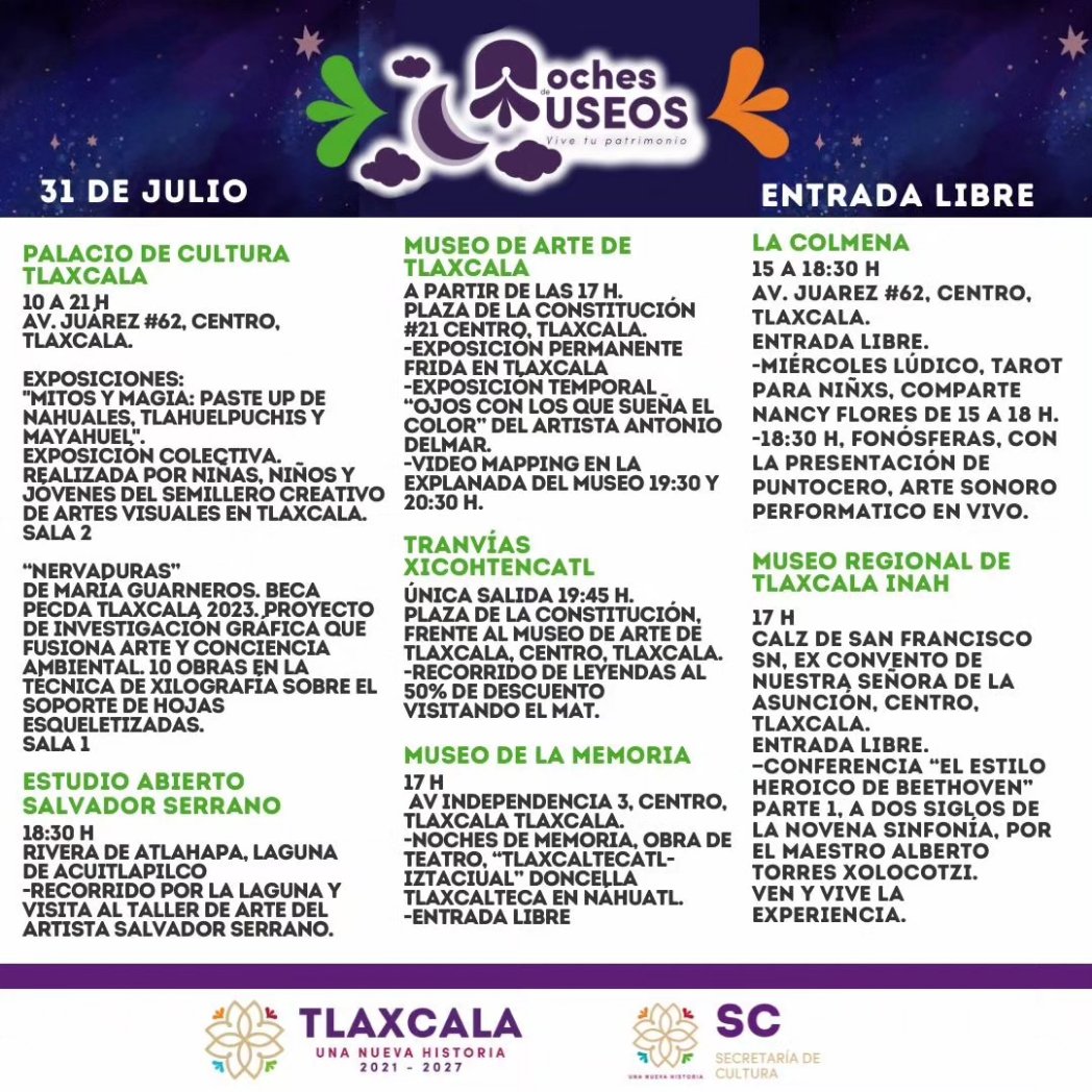#NoLoOlvides   
🏛️🌙  Te invitamos a nuestra #NocheDeMuseos  edición Julio 2024
 
👉Te compartimos la programación y actividades de los diversos espacios culturales.

📆 31 de julio  2024 
⌚ A partir de las 17 h
🎟️ Entrada libre. 

🤗 ¡Te esperamos!

#EnCulturaUnaNuevaHistoria