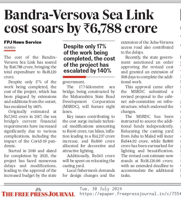 mumbaimatterz's tweet photo. #Mumbai
#Sealink #BVSL
Bandra Versova Sea Link Cost Soars by ₹6788 crores, despite only 17% work being completed.
#Infrastructure https://t.co/zR1LU65cA1