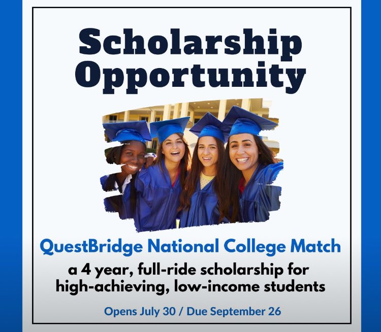 Students selected for the QuestBridge National College Match receive early acceptance into one of 52 colleges with a four-year full ride scholarship (covering tuition &amp; fees, housing &amp; food, books &amp; supplies, and travel expenses). WHS is proud to have back to back recipients.