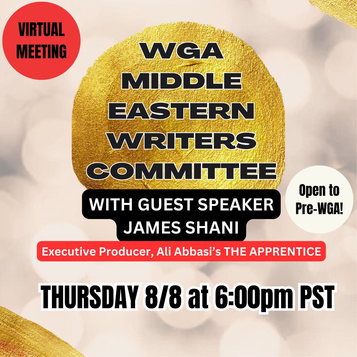 Our next meeting is VIRTUAL! Join us for another meeting celebrating MENA voices in the WGA. RSVP LINK IN BIO. #HireME
(All WGA members welcome. Open to Pre-WGA!)