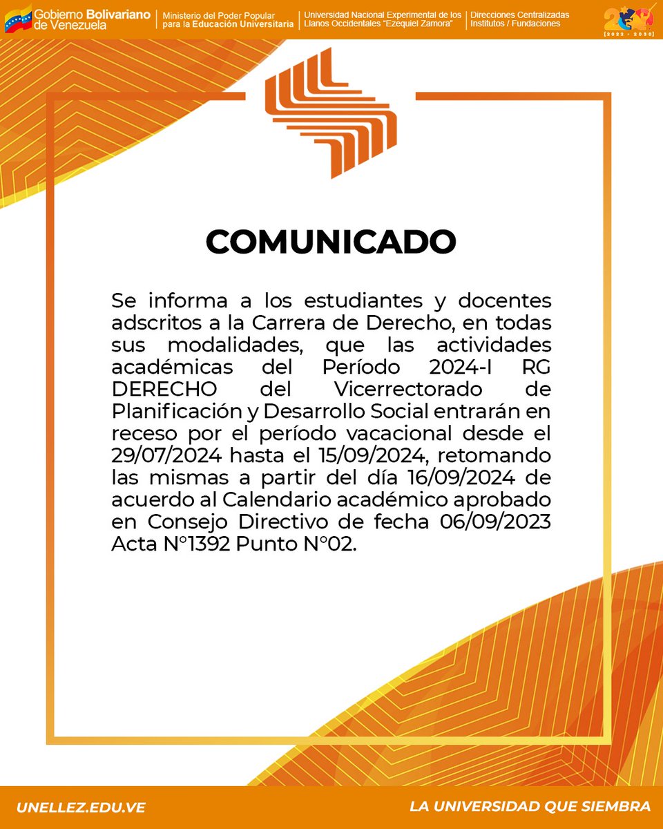 Se informa a los estudiantes y docentes adscritos a la Carrera de Derecho en todas sus modalidades, que las actividades académicas del Periodo 2024-I RG del VPDS entrarán en receso vacacional desde el 29/07/2024 hasta el 15/09/2024, retomando las mismas a partir del 16/09/2024 .