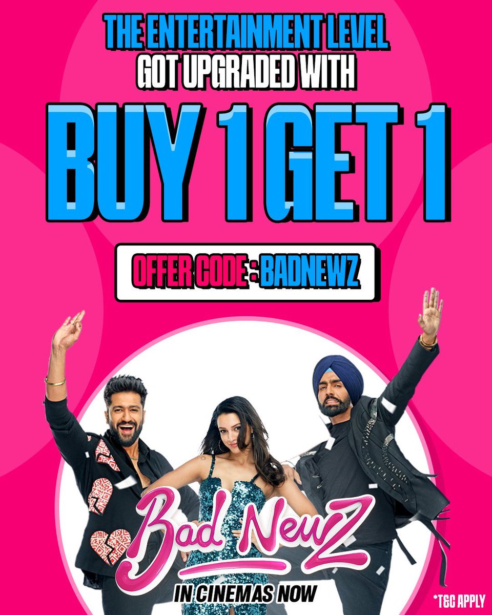 Dharma Productions (@dharmamovies) on Twitter photo Experience 2x excitement with #BadNewz! 🤩
Get the offer by using the <a href="/bookmyshow/">BookMyShow</a> code now - valid only for today!
IN CINEMAS NEAR YOU, book your tickets - bookmy.show/BadNewz
(T&C APPLY) Experience 2x excitement with #BadNewz! 🤩
Get the offer by using the <a href="/bookmyshow/">BookMyShow</a> code now - valid only for today!
IN CINEMAS NEAR YOU, book your tickets - bookmy.show/BadNewz
(T&C APPLY)