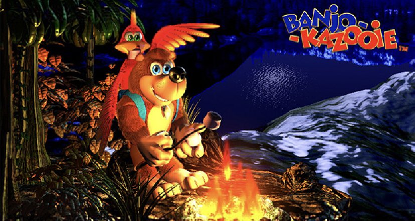 Banjo-Kazooie (1998) promotional artwork #6.

This shows Banjo and Kazooie on a camping trip with Banjo toasting some Marshmallows on the fire. It appears to be near to Freezeezy Peak considering the snow on the stretch going down the mountain. 🔥🧊🏔️ 

#BanjoKazooie #Nintendo