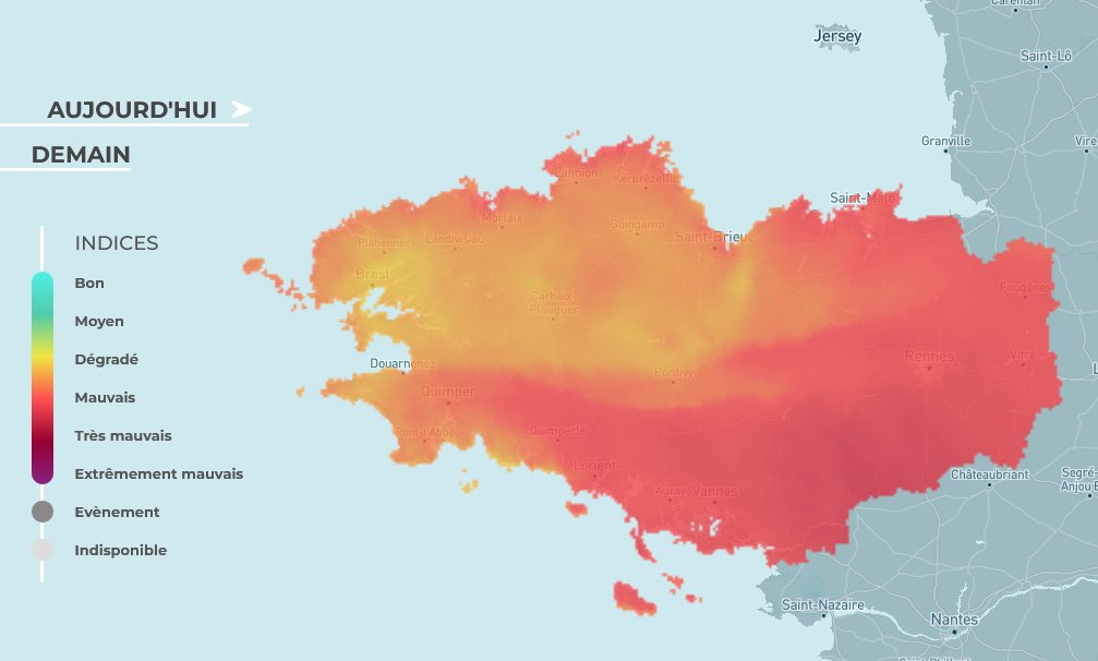 La pollution à l'ozone grimpe en flèche en région Bretagne. L'indice Atmo est dégradé à Brest, Quimper et St-Brieuc, mauvais à Saint-Malo, Rennes, Lorient, Vannes et Merléac, selon <a href="/Air_Breizh/">Air Breizh</a>.