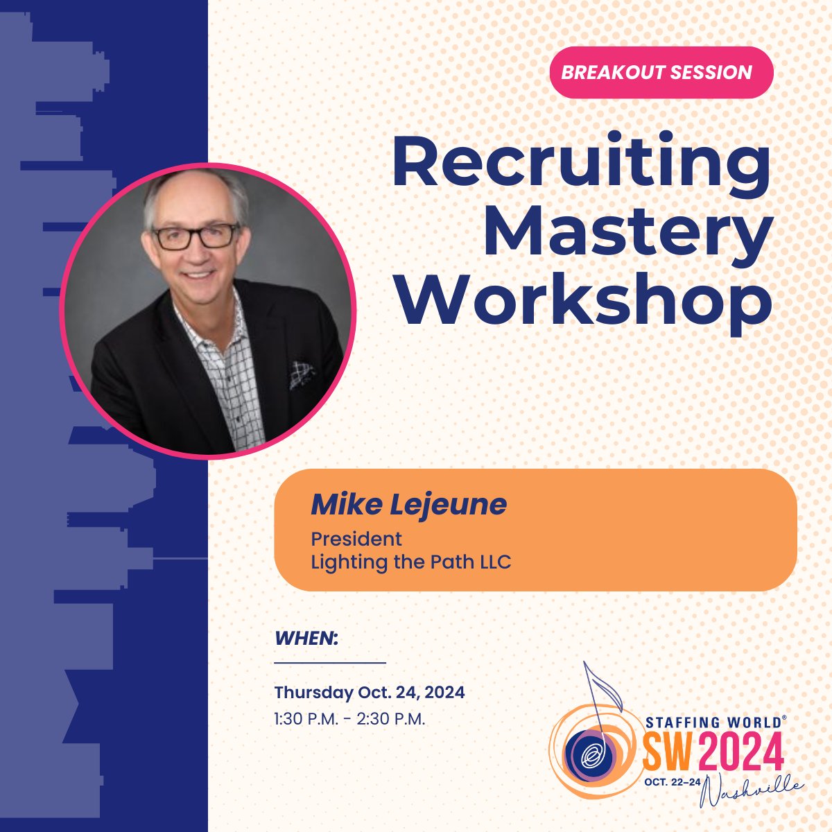Join me at Staffing World in Nashville, TN! I’m excited to facilitate a breakout session on Recruiting Mastery Workshop. Explore the full agenda for this year’s conference at staffingworld.net.

Looking forward to seeing you there!

@staffingtweets 

#StaffingWorld