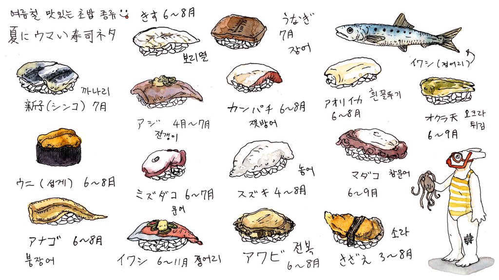jiu_illust's tweet photo. 여름철 맛있는 초밥 종류
夏に食べると美味しい寿司ネタ https://t.co/4mPmxQ7oB3