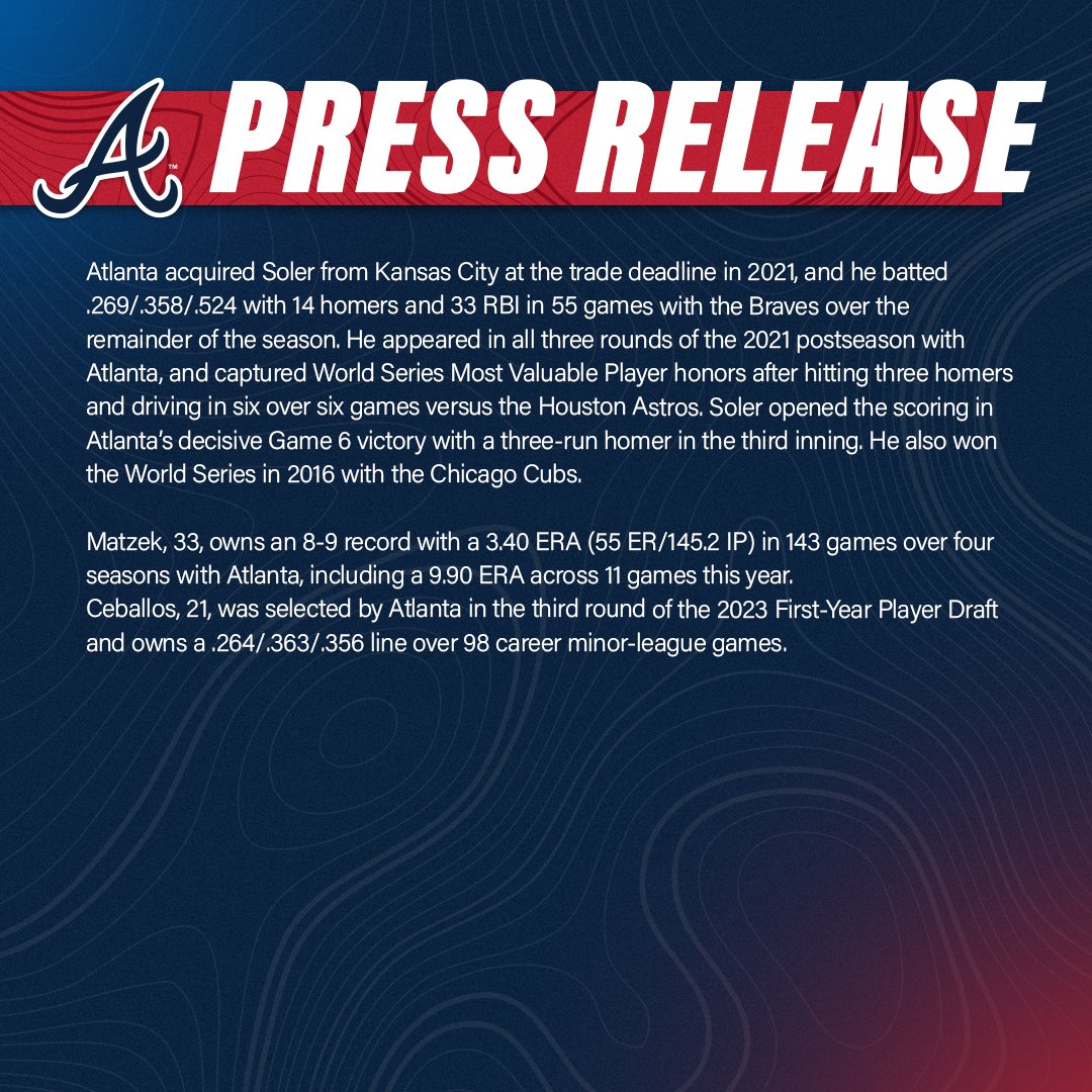The Atlanta #Braves today acquired RHP Luke Jackson and OF Jorge Soler from the San Francisco Giants in exchange for LHP Tyler Matzek and minor-league INF Sabin Ceballos.