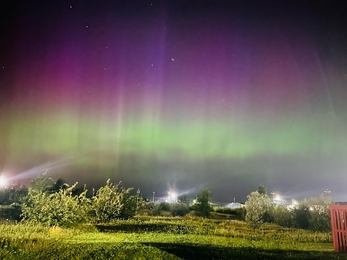 Route370NL's tweet photo. The Northern Lights are out!! 🤩 

Happy Valley GooseBay Newfoundland and Labrador Canada RIGHT NOW! 

Photo credit 📸: Tanya Pollard

#nlwx
#nltraffic
#northernlights https://t.co/X2psAarKZd