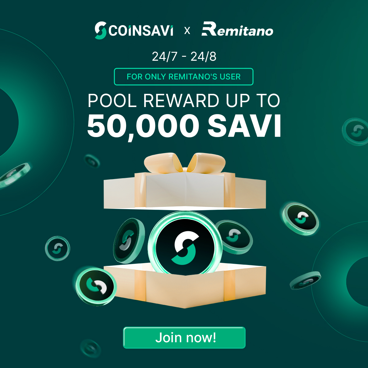 💌 SIMPLE SWING, SIMPLE EARN WITH COINSAVI &amp; REMITANO
🍟 Get more airdrops from the reward pool up to 50,000 SAVI
⚡ Exclusively for Remitano users, just follow these 2 easy steps to receive the reward pool from partner CoinSavi:
📈 Make OnOff Ramp transactions at Remitano from