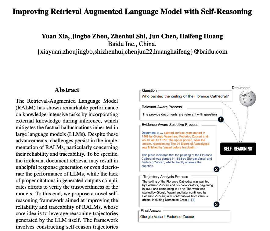 omarsar0's tweet image. Baidu presents an end-to-end self-reasoning framework to improve the reliability and traceability of RAG systems. 

The idea is to leverage the reasoning trajectories generated by the LLM itself.

In other words, the LLM is used to carry out the following 3 processes:

1)…