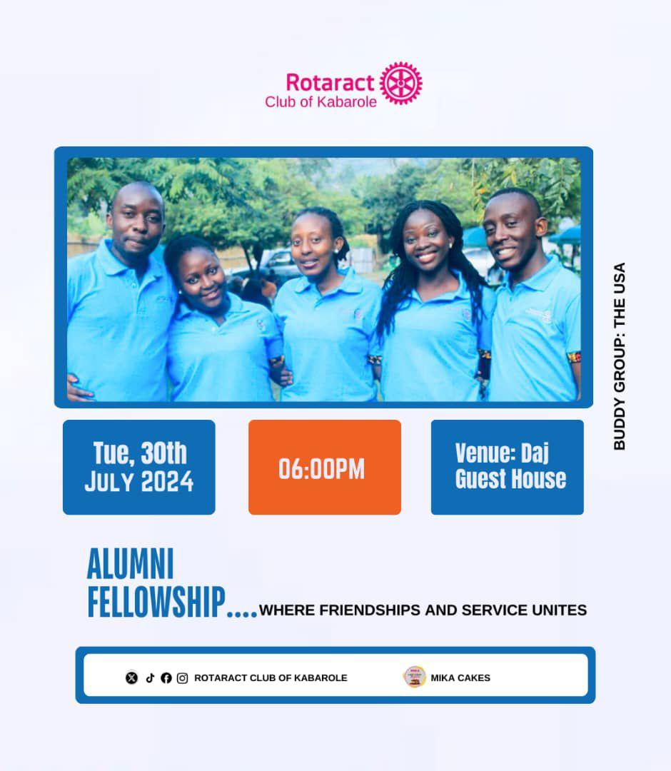 RctKabarole's tweet photo. Reconnecting with the roots
โจโจโจโจโจโจโจโจโจโจ
Join us for a fellowship chaired by our esteemed club alumni ,an evening of inspiration, laughter, and Rotaract reunion
#RotaractFellowship
#AlumniLead
#Rotaract club of Kabarole
#22yearsofservice https://t.co/sON16vxkRz