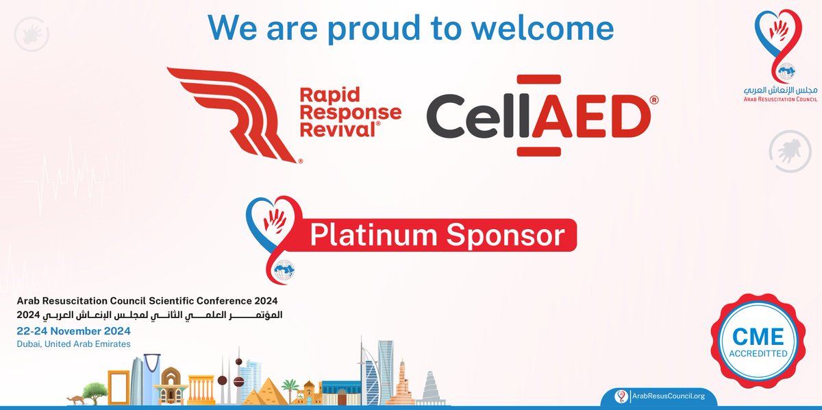 We're thrilled to announce that “<a href="/CellAED/">CellAED</a>” will join us as a Platinum Sponsor for the 2nd Arab Resuscitation Council Scientific Conference!

Join us in Dubai from 22 - 24 November 2024.

#ArRC24
#ArabResuscitationCouncil
#معا_ننقذ_حياة
#مجلس_الانعاش_العربي