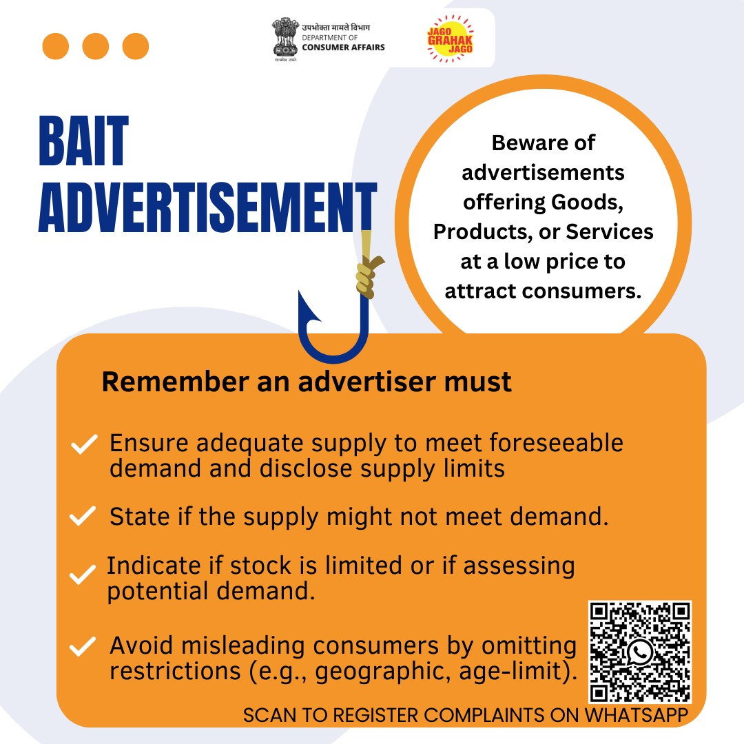 jagograhakjago's tweet image. Beware of #baitadvertisements offering low prices to attract consumers, as they may not have sufficient stock or might mislead about market conditions. Any violation may be reported to National Consumer Helpline 1915 or WhatsApp 8800001915  #MisleadingClaims #NCH1915