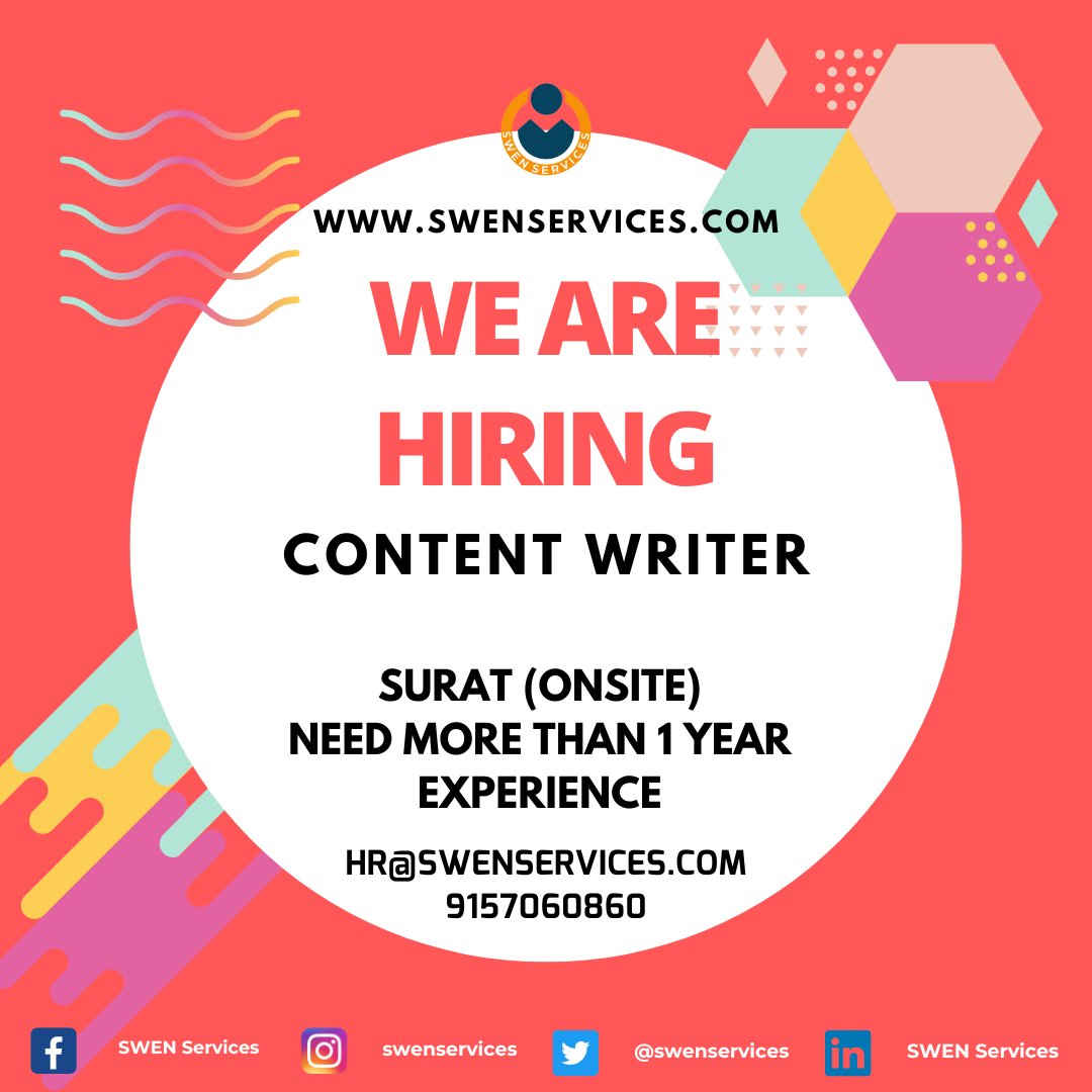 Swenservices's tweet photo. #contentwriter #contentmarketing
Hiring... Hiring... Hiring...
Position :: Content Writer
Location :: Punagam (Surat - Onsite)
Need more than 1 year experience.
Call or share your resume on 9157060860 for more details.
#swenservices #suratjobs #surathiring #jobsinsurat #content https://t.co/0JbGivXbzx