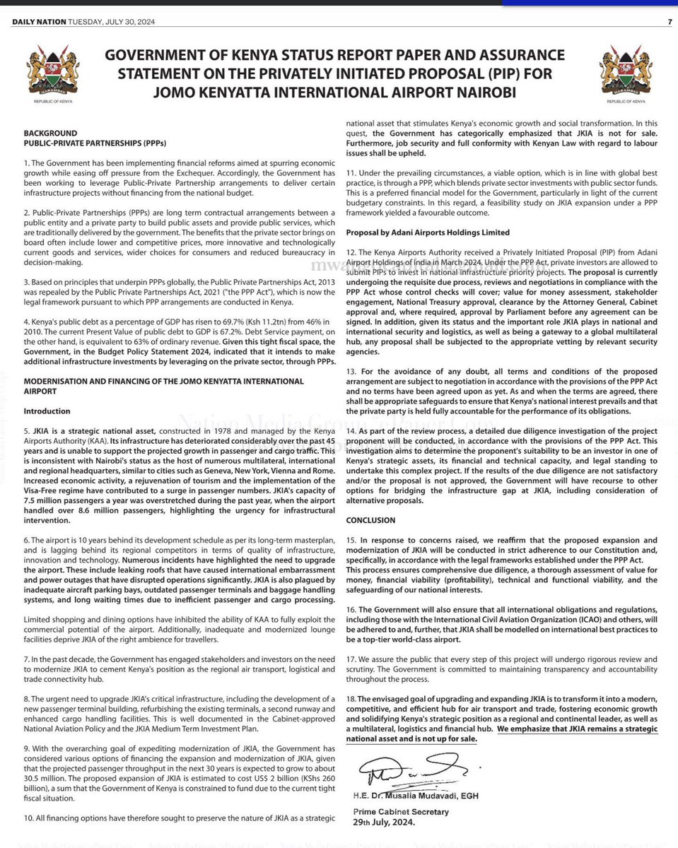 I express my deep concern regarding recent revelations that border on economic sabotage over secretive plans to grant concession to Adani Airports Holding Limited to finance, build and operate JKIA for 30 years, and give the company an equity stake in perpetuity.

President