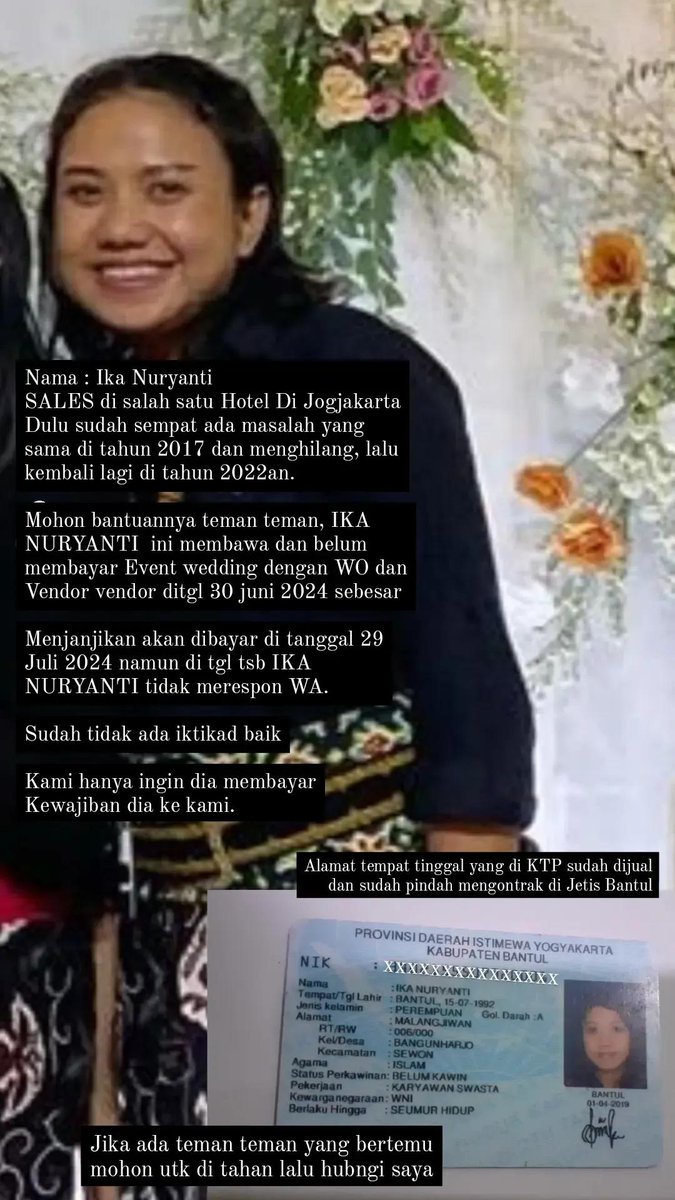 WOWenda's tweet photo. TOLONG BANTU CARI ORANG INI, MEMBAWA UANG VENDOR WEDDING DAN HOTEL 100JT LEBIH
@Jogja24Jam @JogjaUpdate @merapi_uncover https://t.co/3BSJlG9OQV