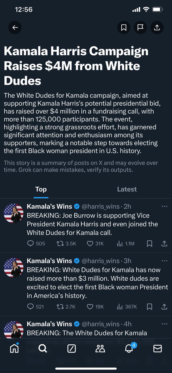 DavidLeavitt's tweet photo. The top story on Twitter according to Twitter is that @elonmusk suspended #WhiteDudesForHarris after raising $4 million dollars for the Kalama Harris campaign 

According to X’s AI Grok, Elon Musk’s actions have “been widely condemned as election interference” https://t.co/s2jFIuwG8S