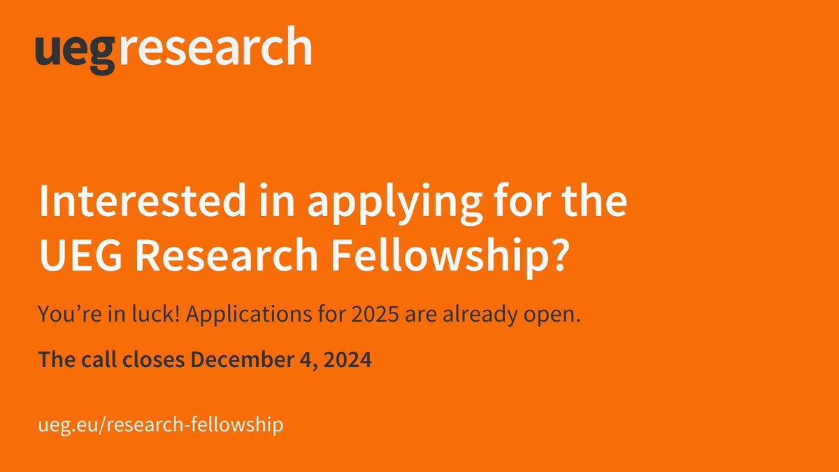 Applications for the #UEGResearch Fellowship 2025 are open! 🙌 

UEG will award 2 fellowships to young researchers to conduct a project with a renowned European PI. 📢 We particularly encourage researchers from Inclusiveness Target Countries to apply ➡ bit.ly/3oDfZDO