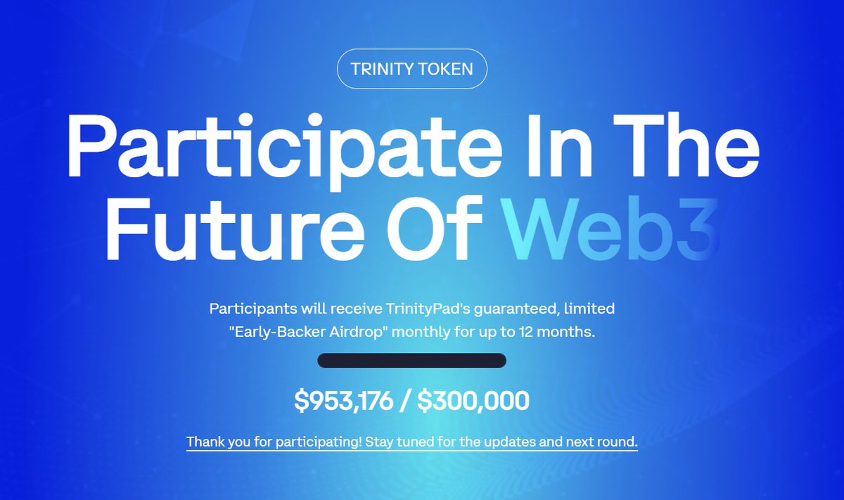 Web3 is poor now?

Our Presale Round 1 is closed. Thanks to our strong community (less than 400 members)!

The fact: $953,176 subscribed in just 48 hours.
- with less than 270 transactions only
- all are unique wallet &amp; KYC-ed
- is capped at $10k limit per wallet

#trinitypad